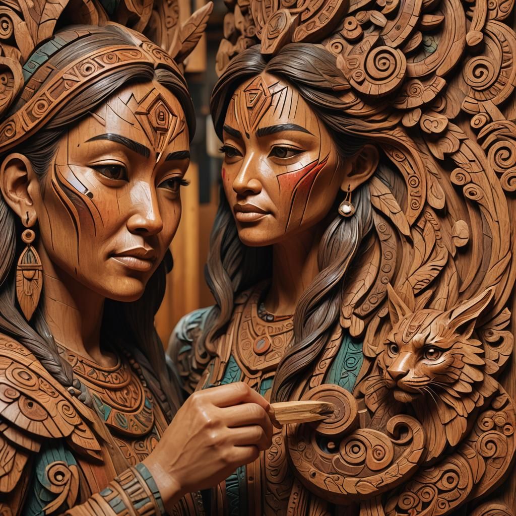 Hyperrealistic Wood Carver Creating Intricate Totem
