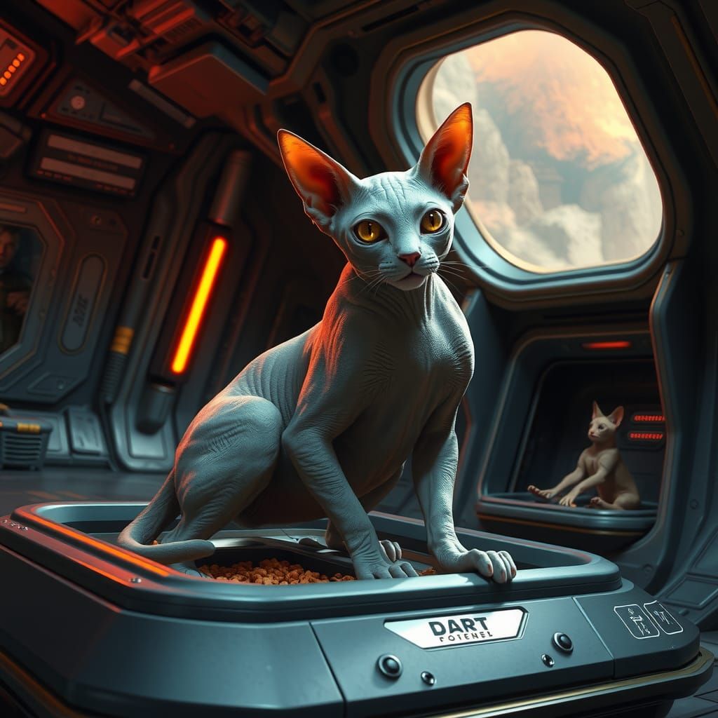Sphynx Cat on Spaceship in Detailed Fantasy Art