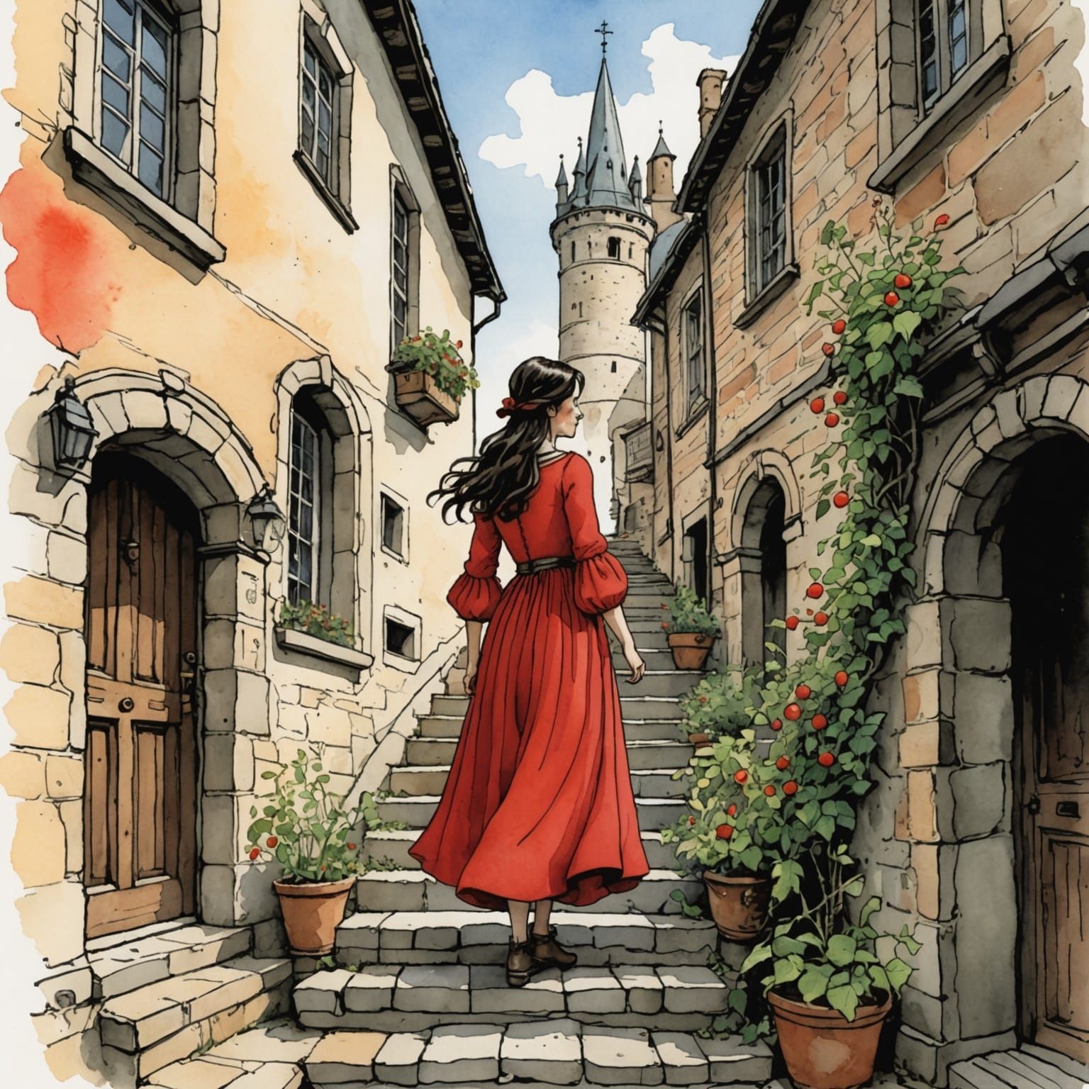 Medieval Maiden Climbing Stairs: Storybook Illustration