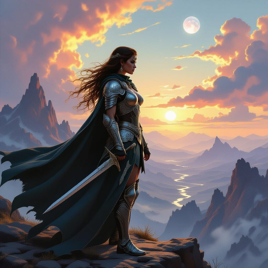 Warrior Princess Overlooking Mythological Landscape