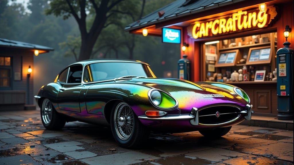 Hyper-Realistic Art Nouveau Jaguar E-Type in a Retro-Futuris...