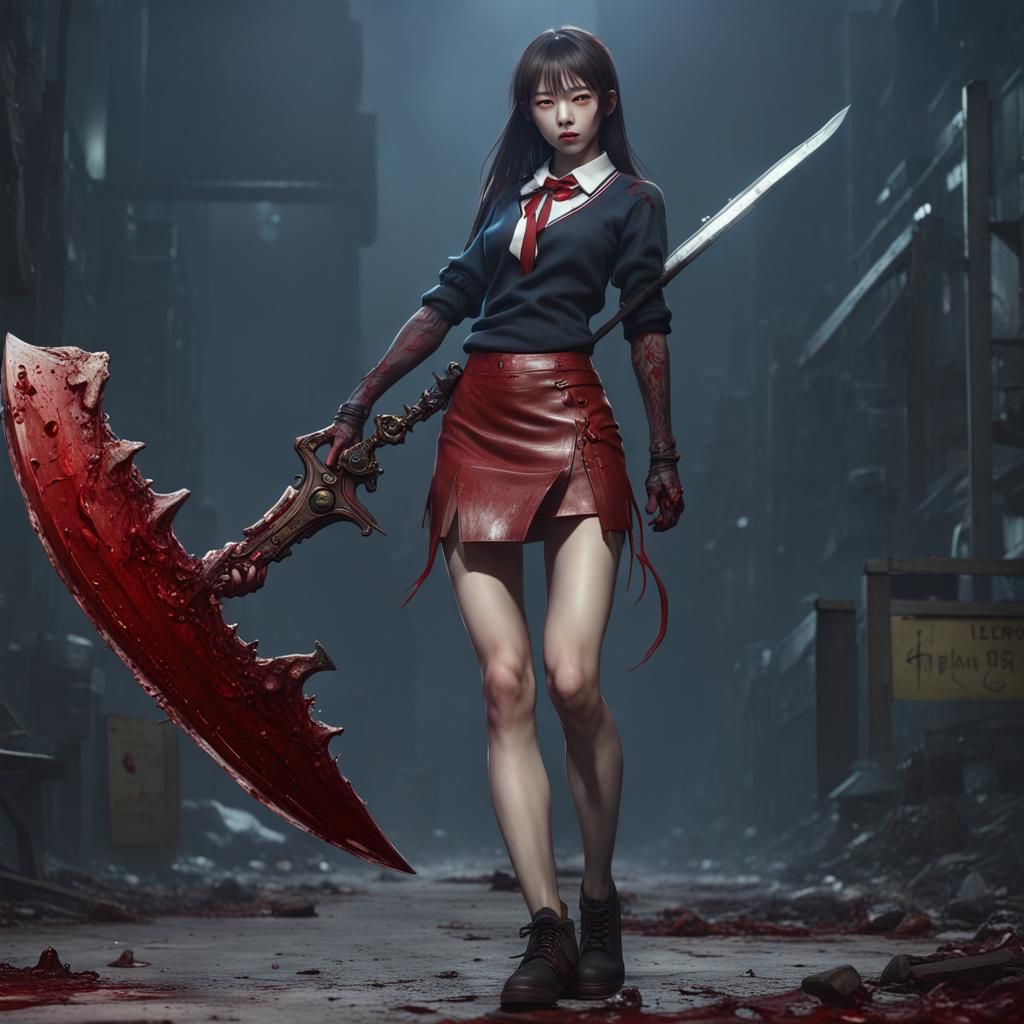 Bloody Korean Schoolgirl with Knife: Detailed Matte Painting