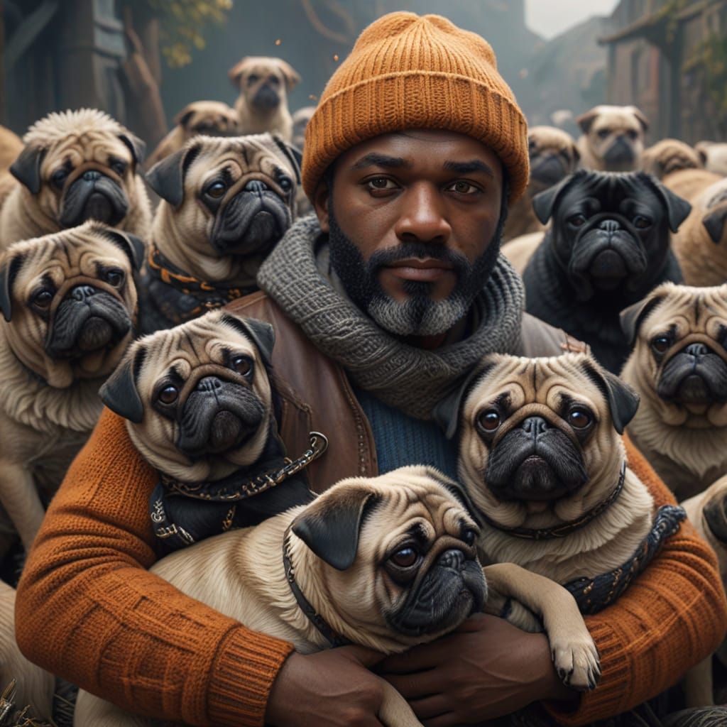 Man Hugging Pugs in Detailed Matte Painting