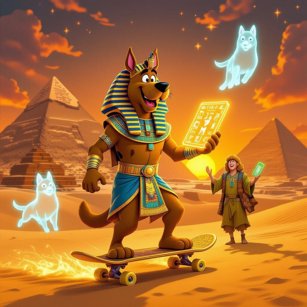 Scooby Doo as Pharaoh on Golden Skateboard