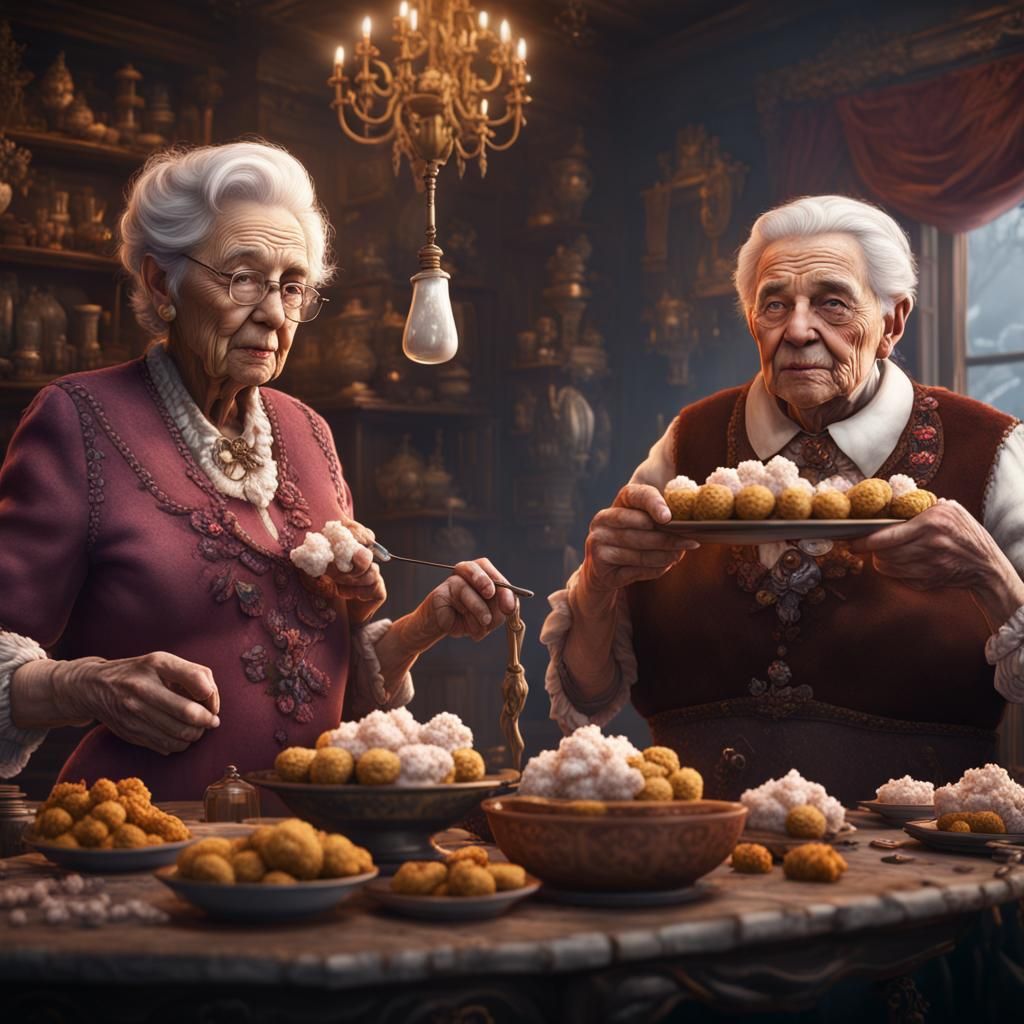 Fantastical Painting of Grandmothers Eating Candy