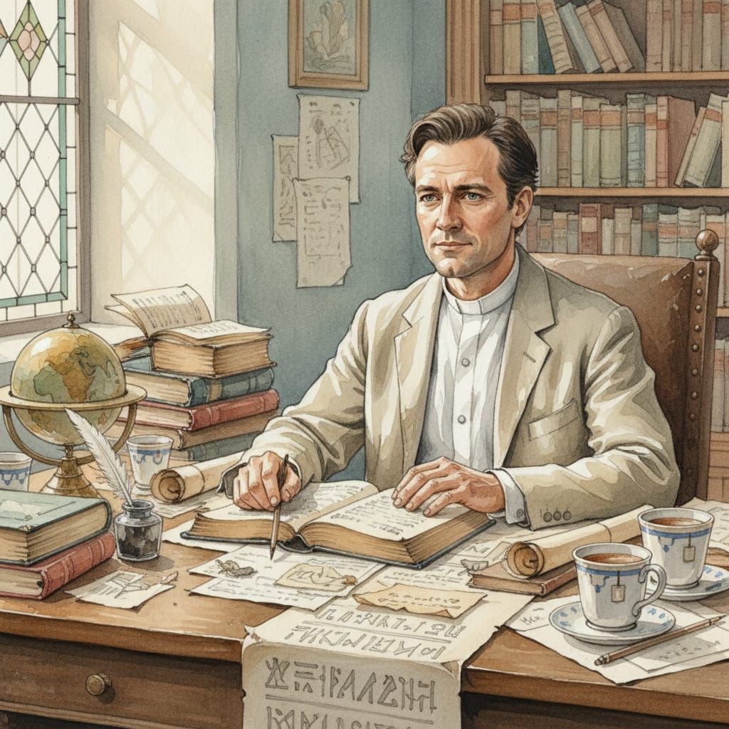 Jesuit Scholar Resembling Barnaby Kay at Desk