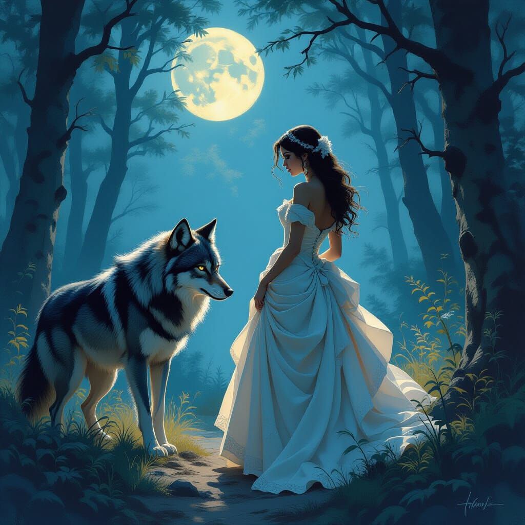 Woman Stalked by Human-Eyed Wolf in Moonlit Forest