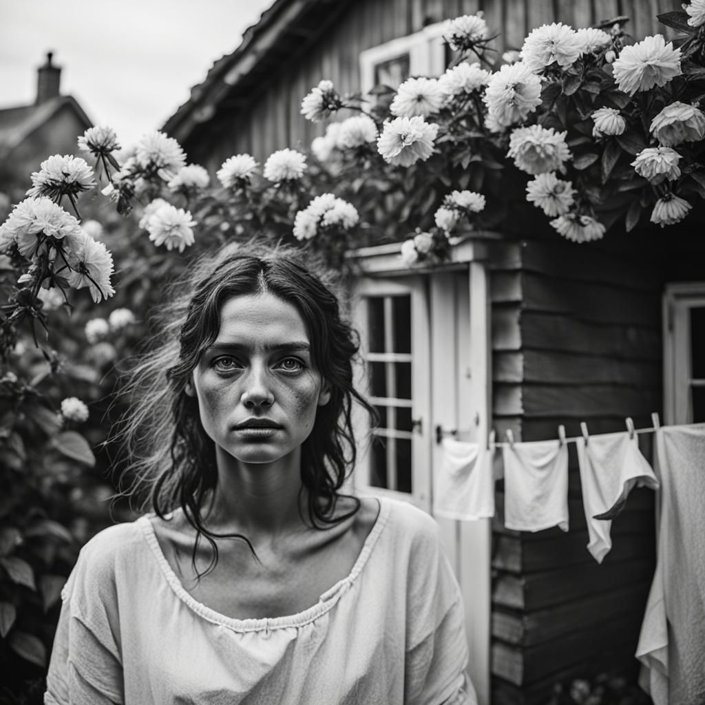Maiden Hanging Laundry: Charcoal Drawing