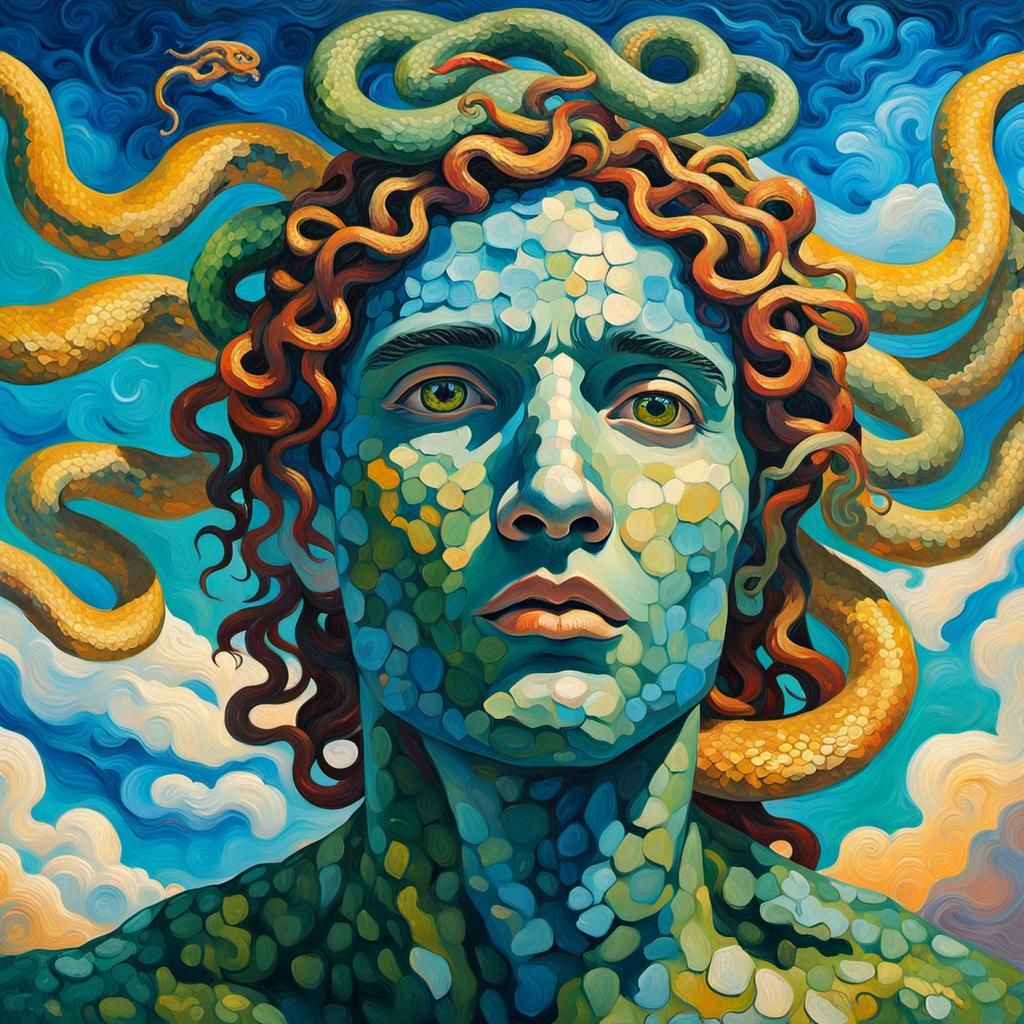 Surreal Split Form Embracing Medusa's Gaze
