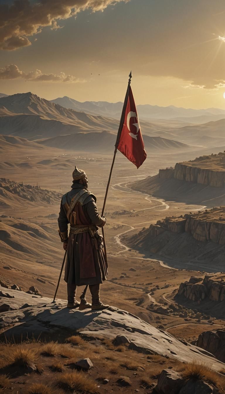 Sultan Osman I Raises Ottoman Flag: Photorealistic Oil Paint...