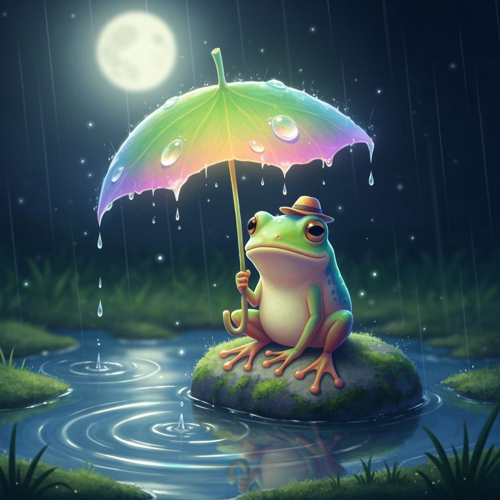 Cute Frog with Glowing Leaf Umbrella in Gentle Rain