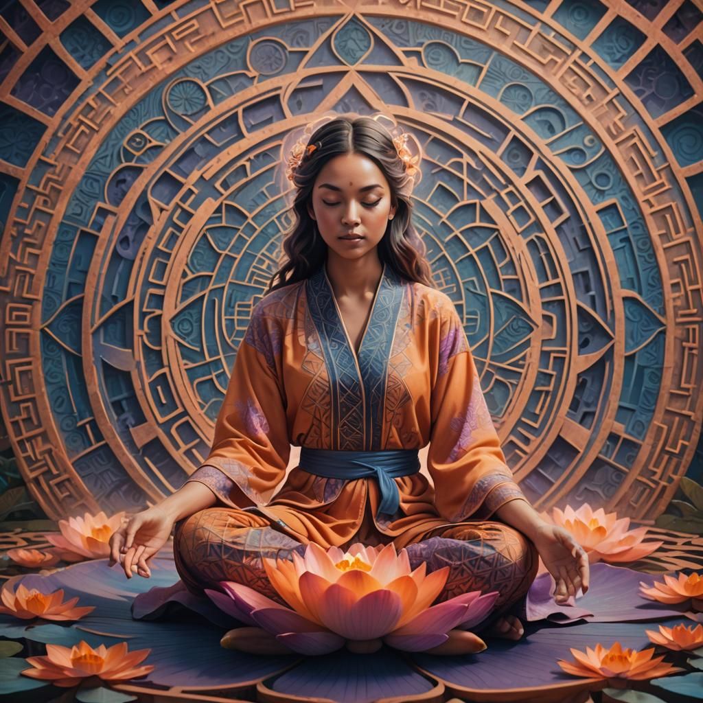 Serene Woman in Lotus, Surreal Geometry Art