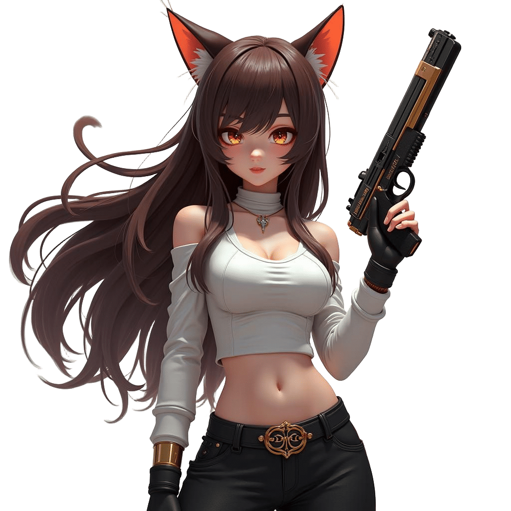 Cat-Eared Girl Portrait with Gun in Art Nouveau Style