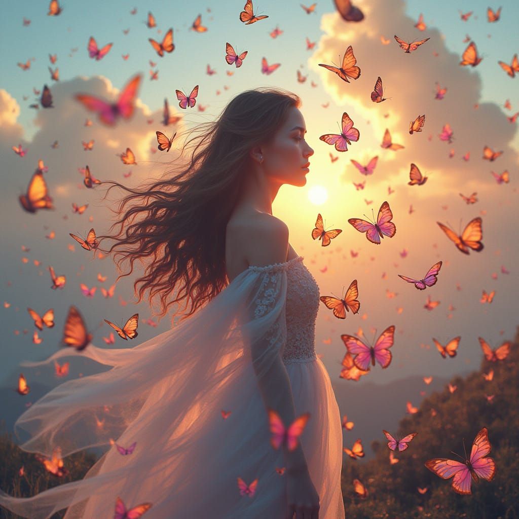Surreal Morning Goddess Amongst Iridescent Butterflies