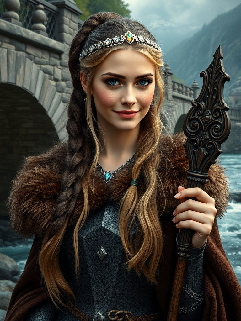 Norse Goddess by Stone Bridge: Hyperrealistic Oil Painting