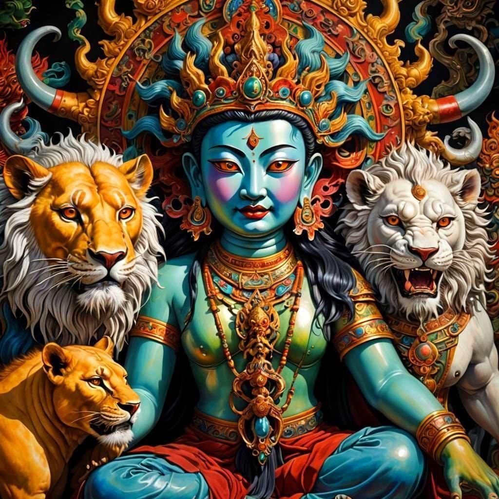 Psychedelic Buddha Surrounded by Tibetan Lion Demons