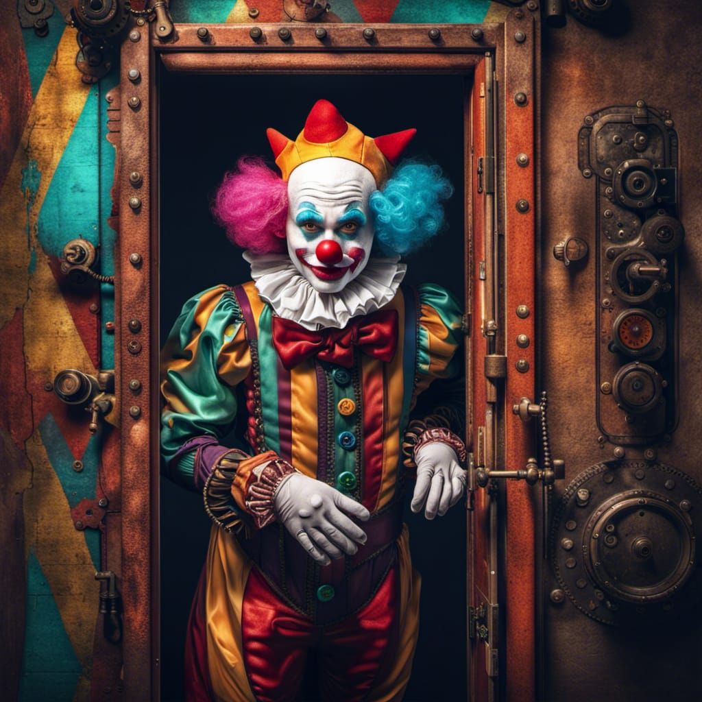 Clown Holds Door Open with Steampunk Engine