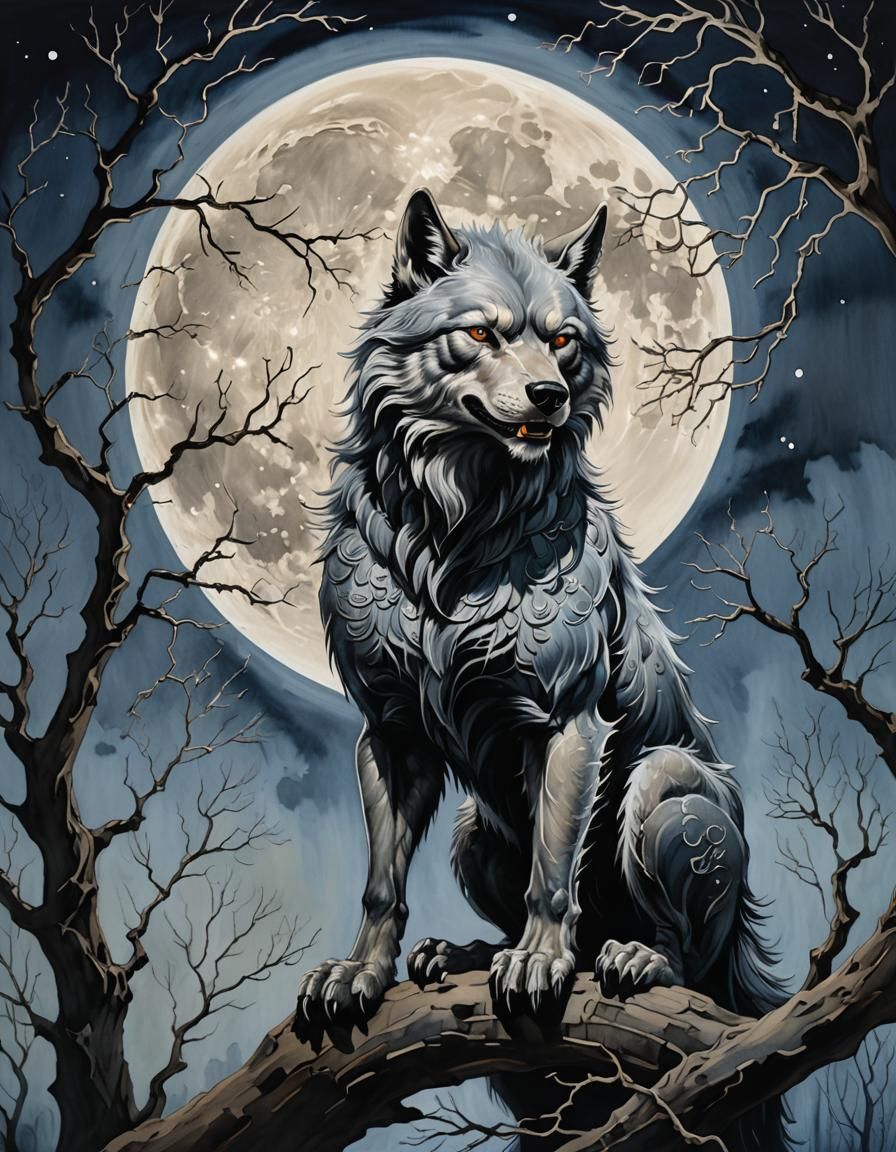 Werewolf in Front of Full Moon Silk Painting