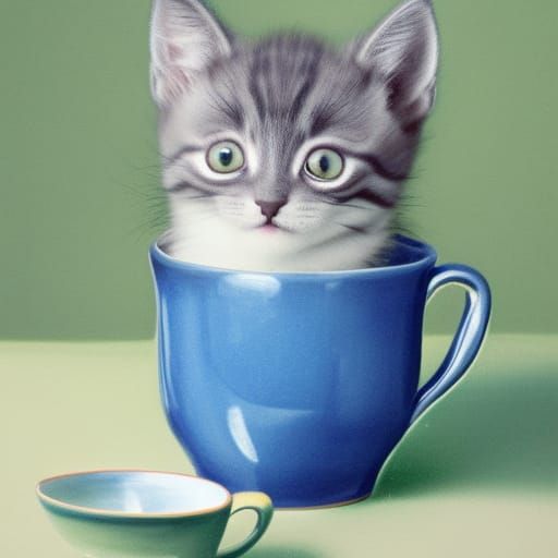 Gray Kitten in Blue Teacup, Photorealistic Style