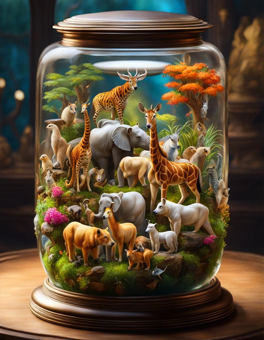 Miniature Zoo in Crystal Jar: Detailed Concept Art