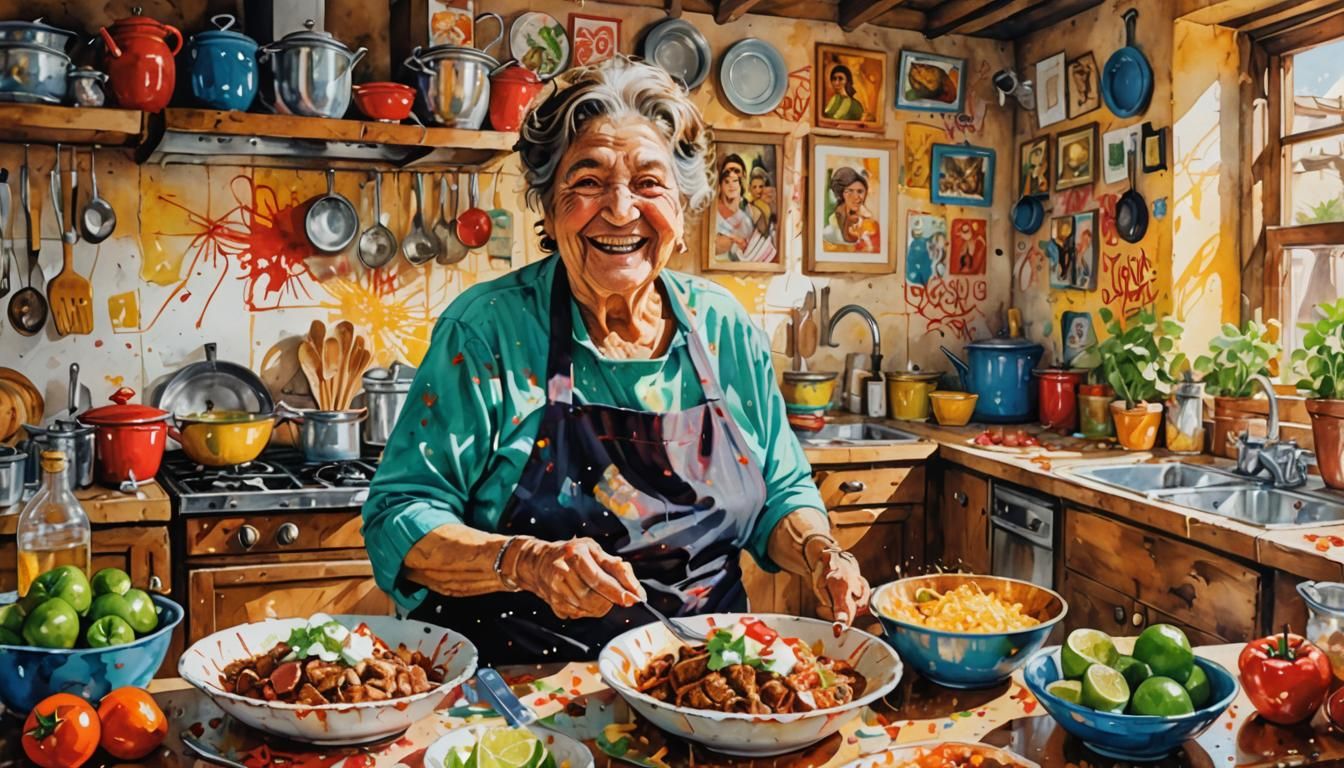 Colorful Mexican Abuela Kitchen: Oil Painting