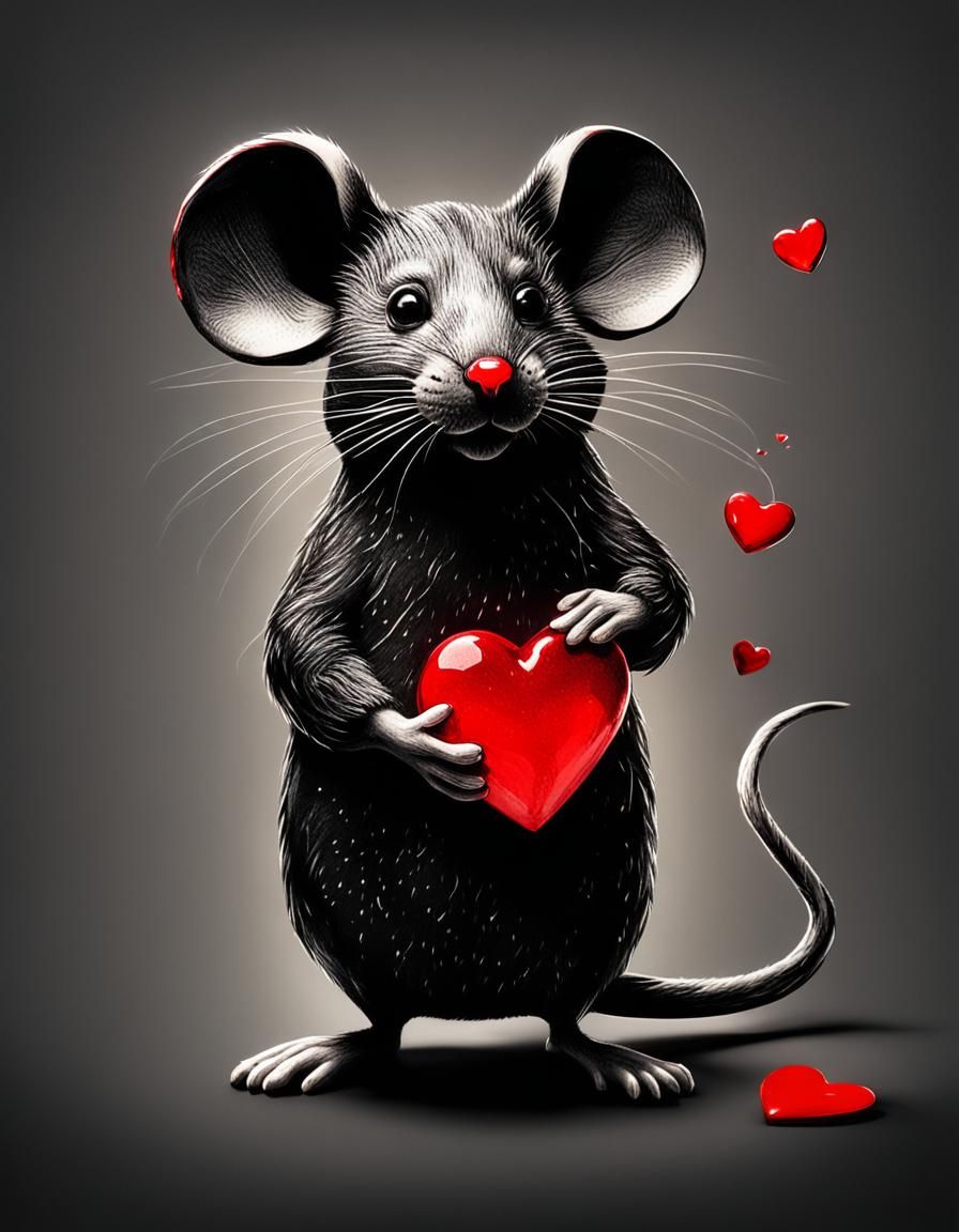 Mouse Holding Red Heart: Wet Oil Painting