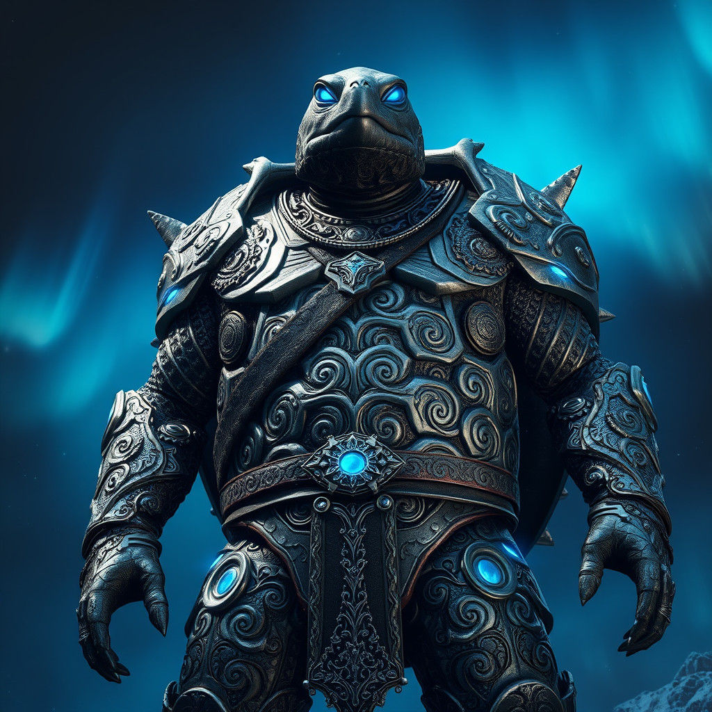 Turtle-Viking Hybrid in Silver Armor with Blue Accents