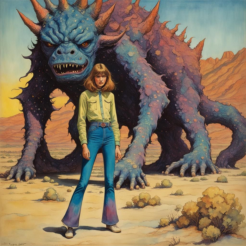 Girl with Cosmic Monster in 1970s Style