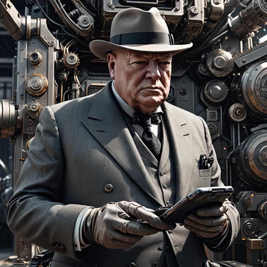 Churchill in Sci-Fi World with Smartphone