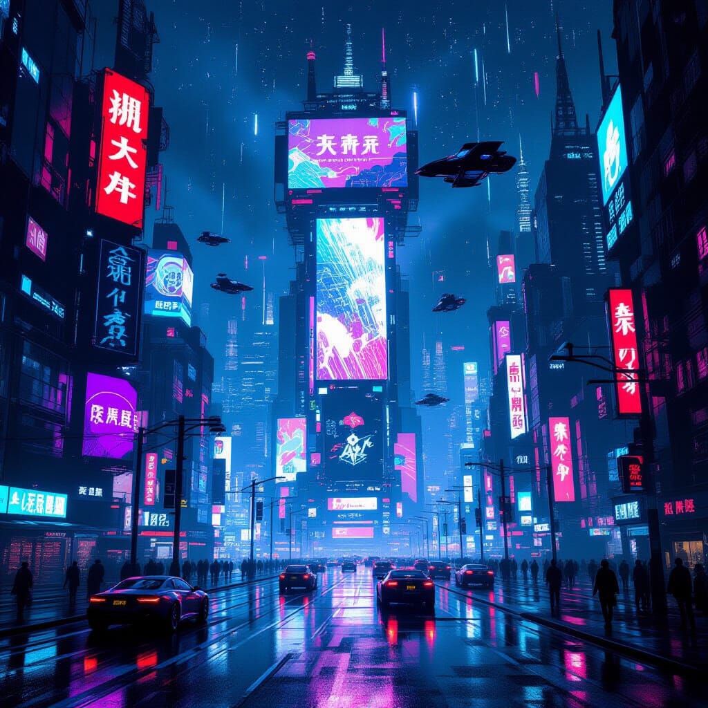 Cybernetic Cityscape with Neon and Flying Cars