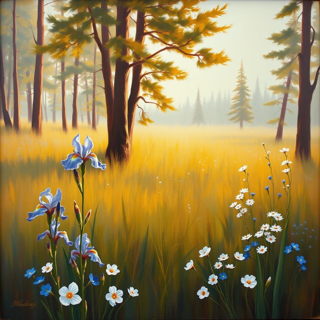 Siberian Taiga Blooms in Golden Light, Impressionist Oil Pai...
