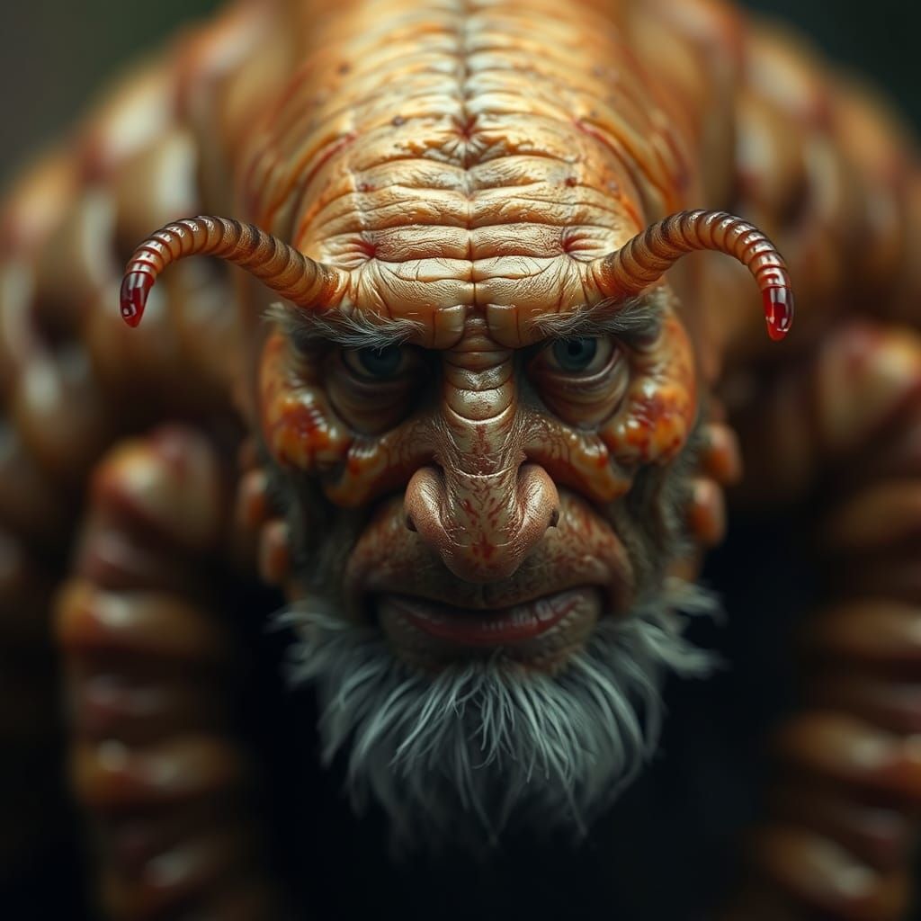 Humorous Worm-Man Hybrid in Macro Photography Style