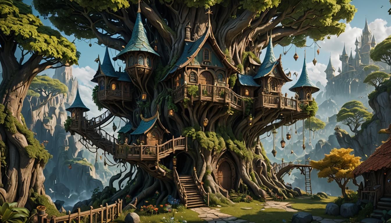 Enchanting Elf Treehouse: Detailed Fantasy Concept Art