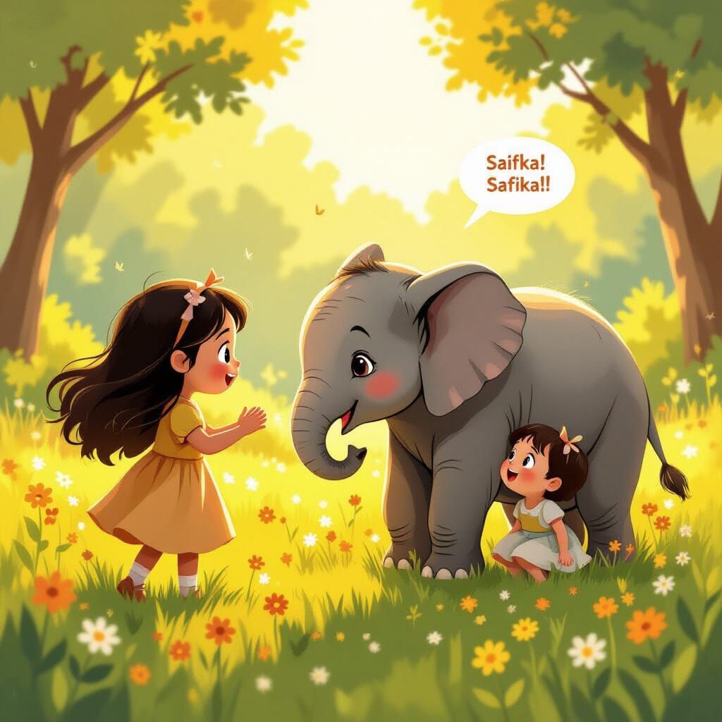 Girl and Elephant in Meadow, Golden Hour Light