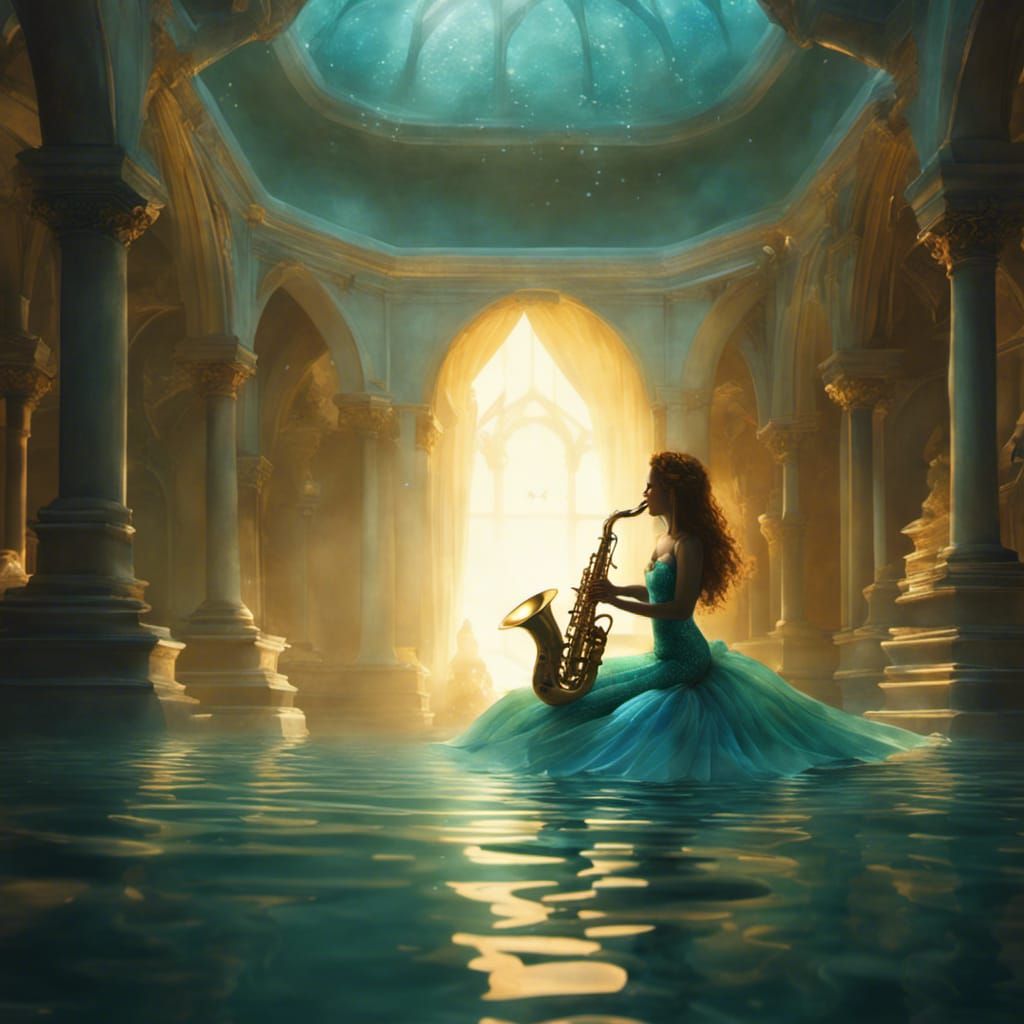 Mermaid Princess Plays Saxophone in Underwater Castle