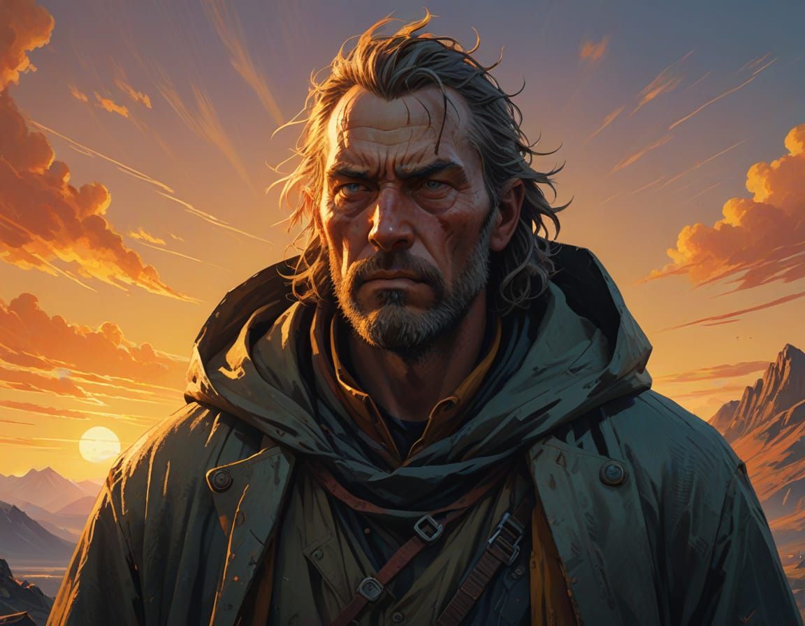 Heroic Figure Radiates Resilience Amidst Turbulent Sunset