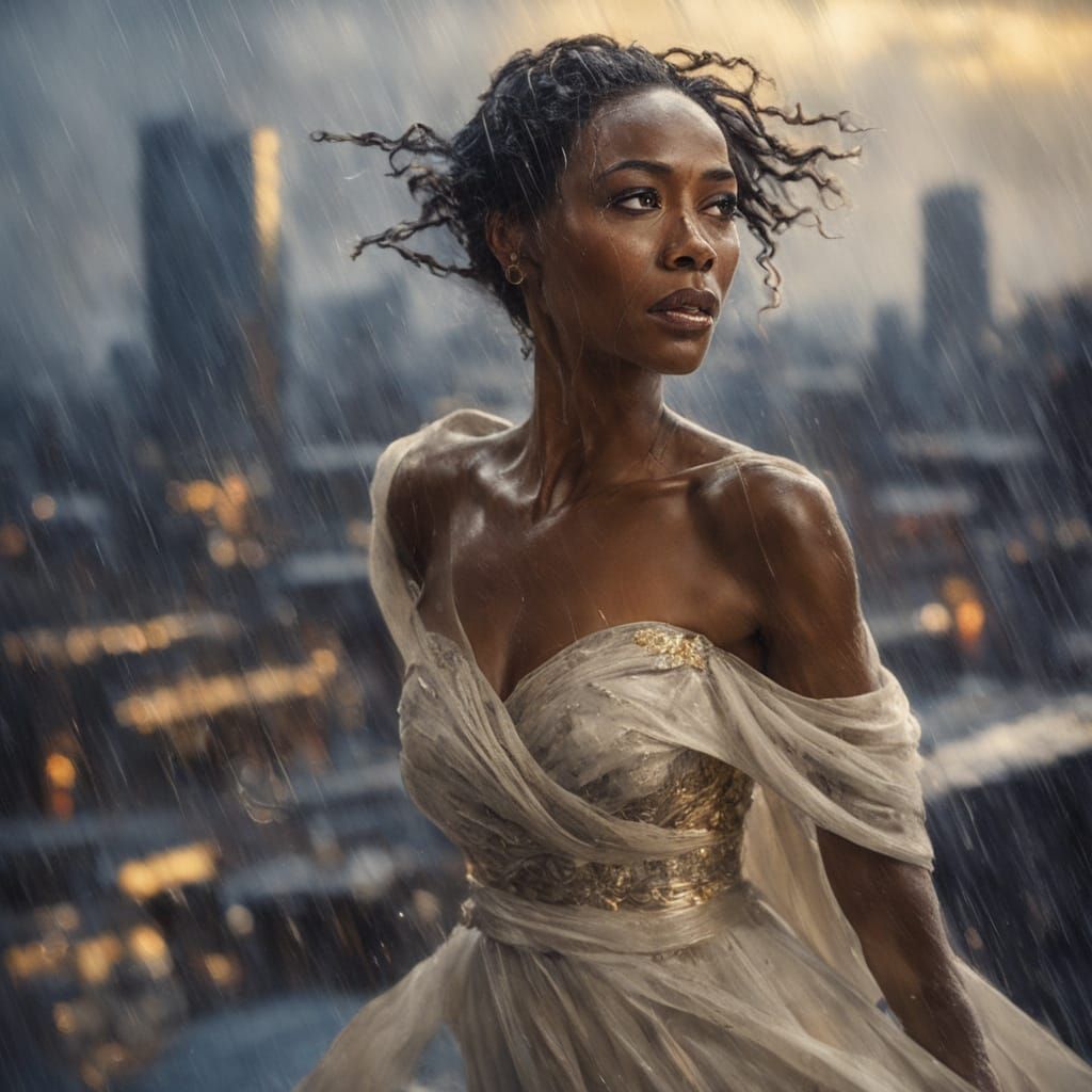 African American Woman in Stormy Cityscape, Golden Light