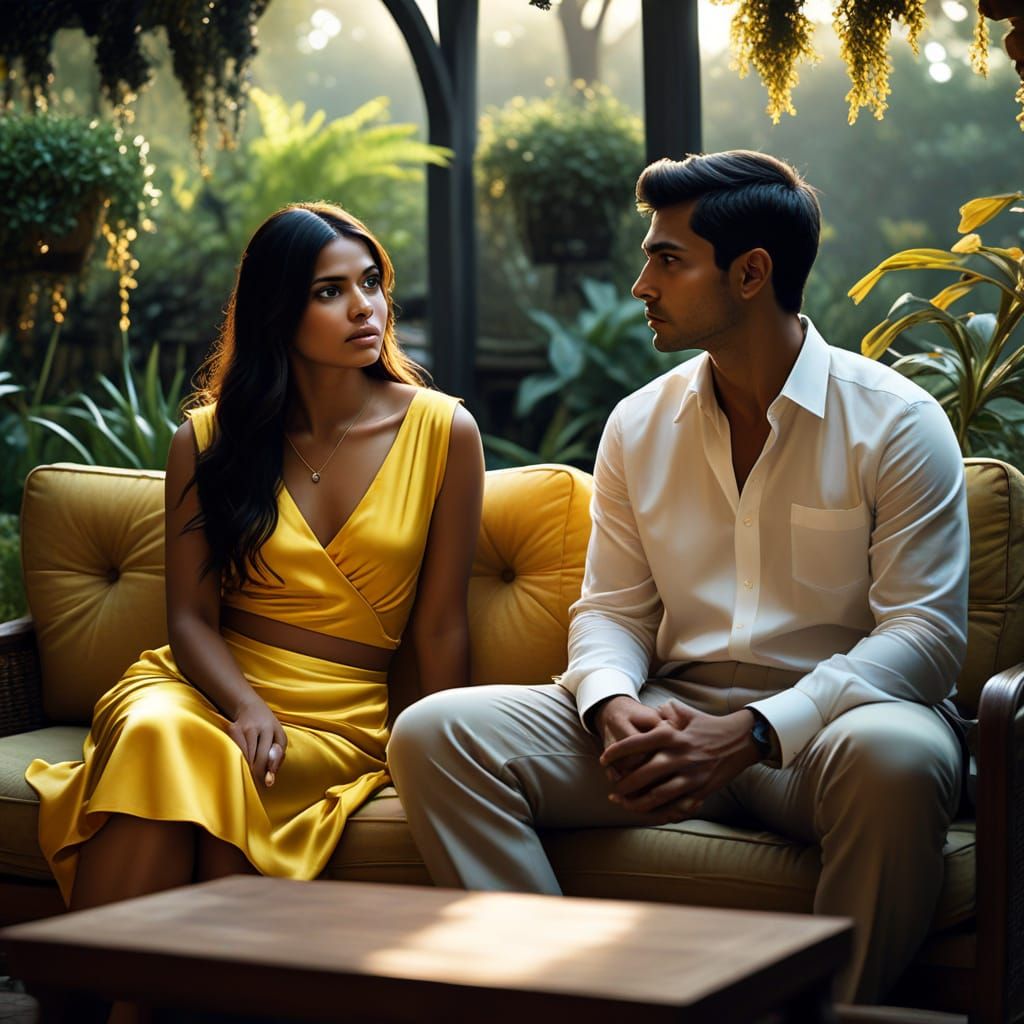 Indian Woman in Yellow Silk Skirt on Garden Sofa