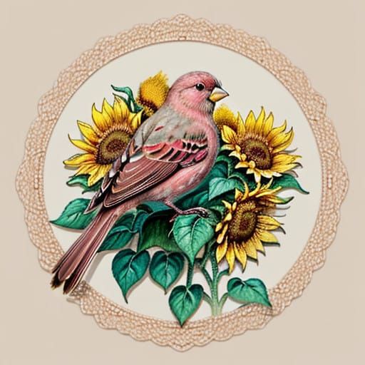 Surreal Rosefinch on Sunflower in Impressionist Style