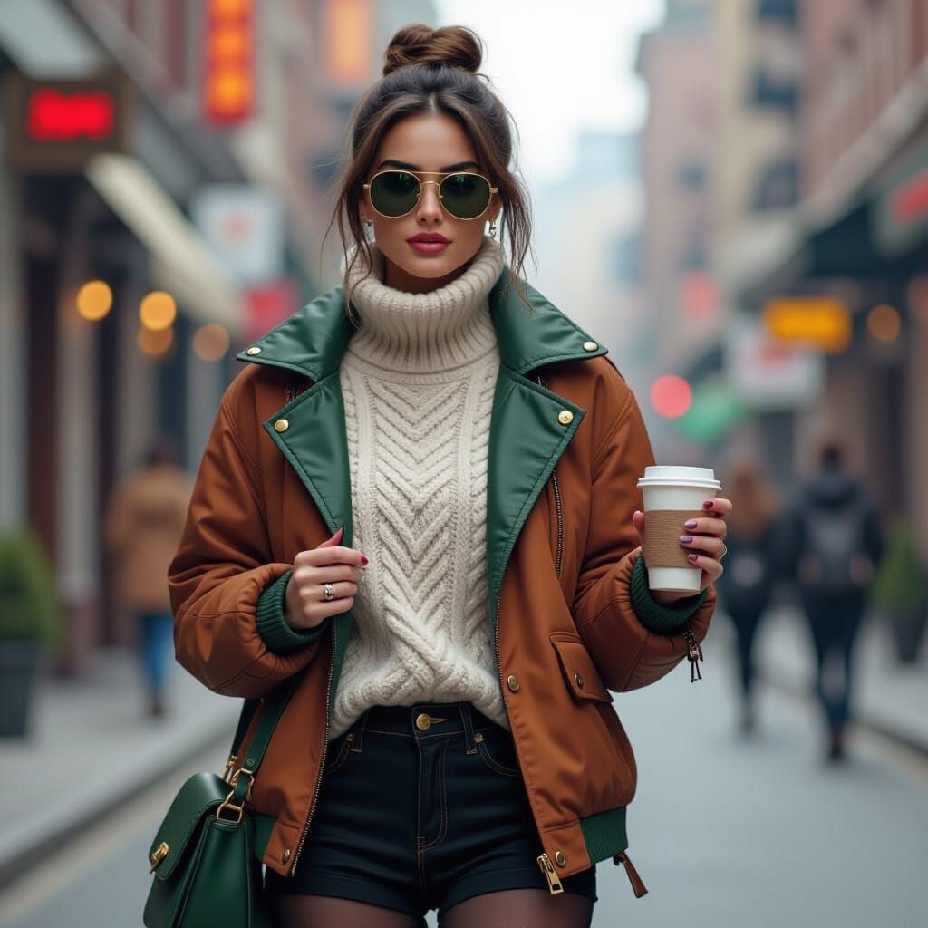 Stylish Woman in Windbreaker with Coffee: Fantasy Concept Ar...
