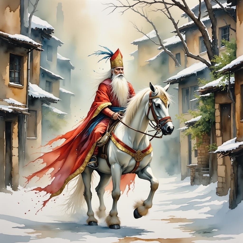 Sinterklaas in Watercolor Style with White Horse