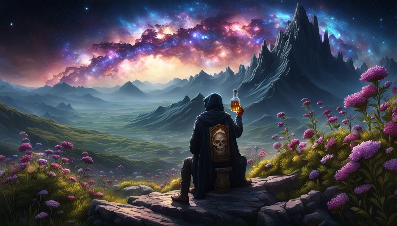 Death Observes Galaxy From Mountain Meadow