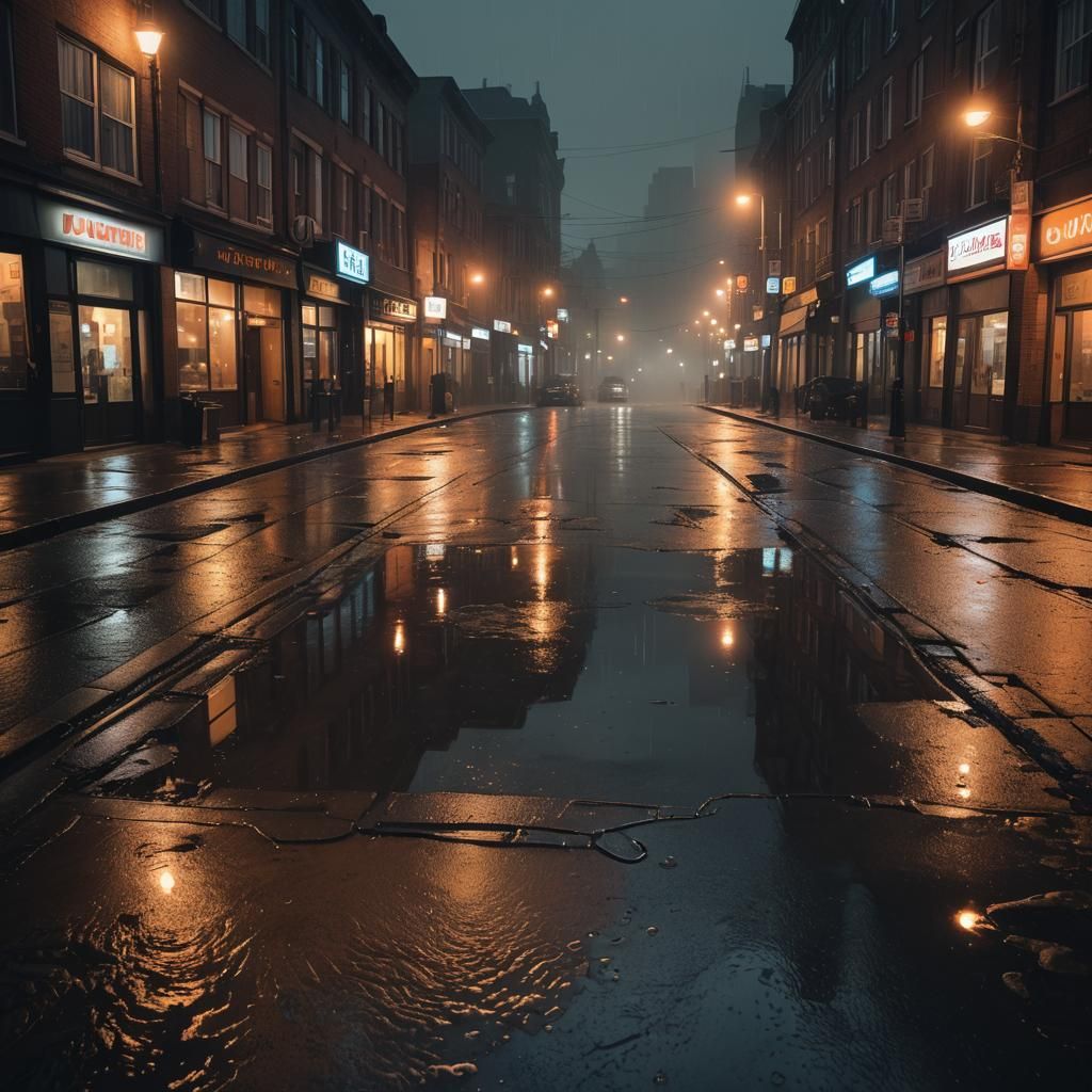 Misty Cul-de-Sac with Neon Reflections