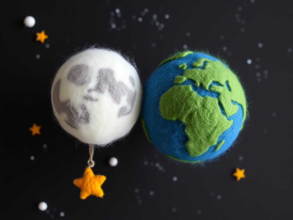 Needle Felted Pom Pom Earth and Moon in Space