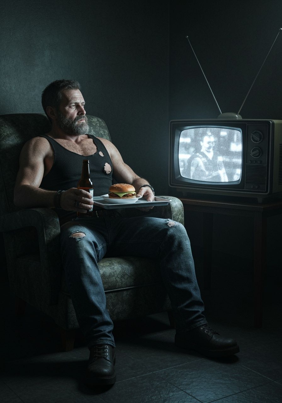 Gritty Biker Relaxing with Beer and Burger