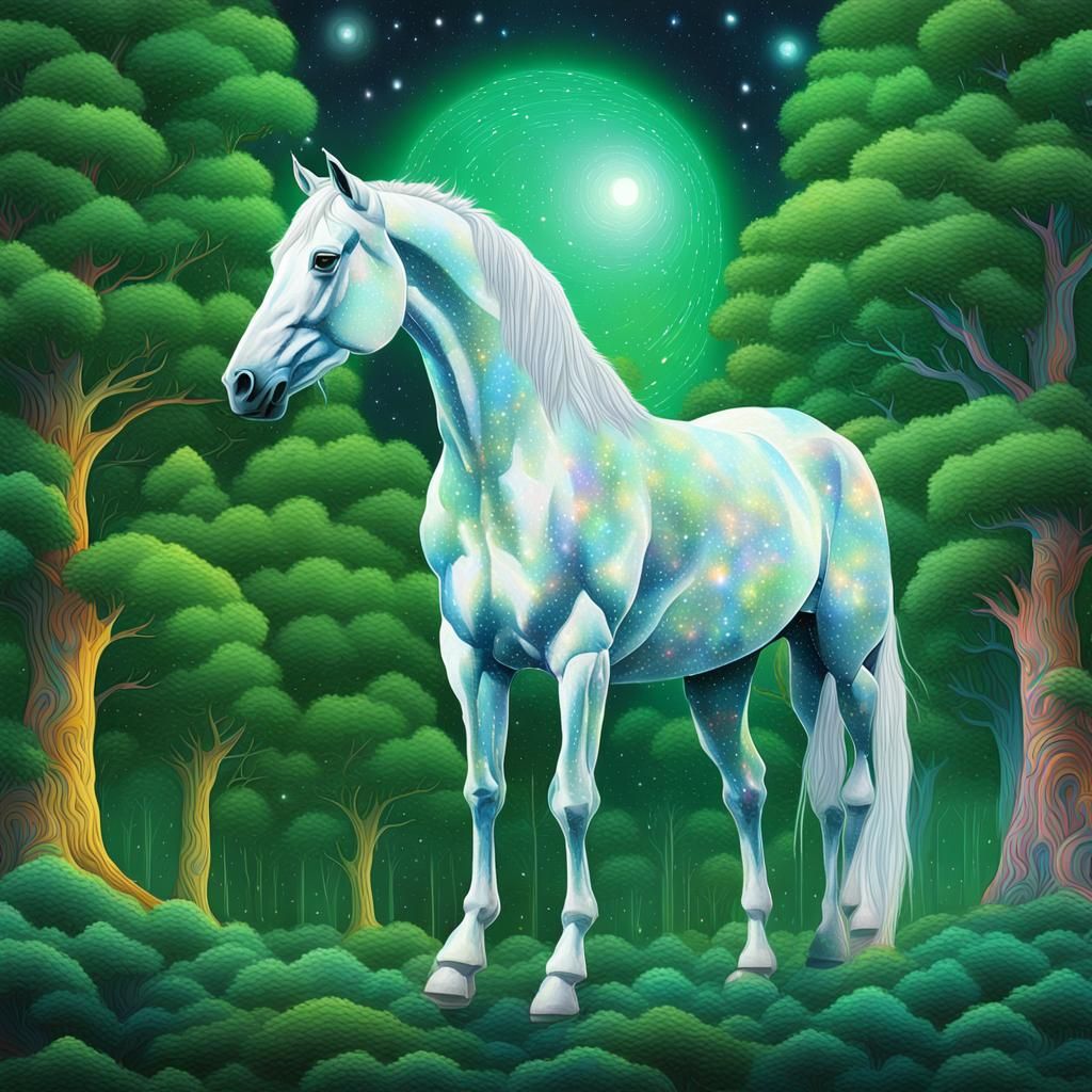 Ethereal White Horse Amidst Green Trees