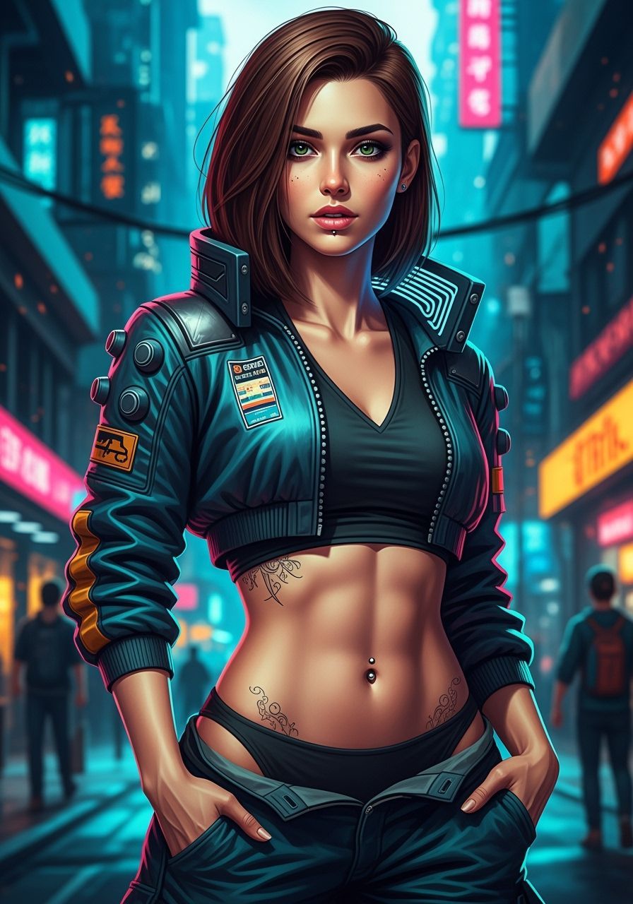 Cyberpunk Model with Tattoos in a Futuristic Cityscape