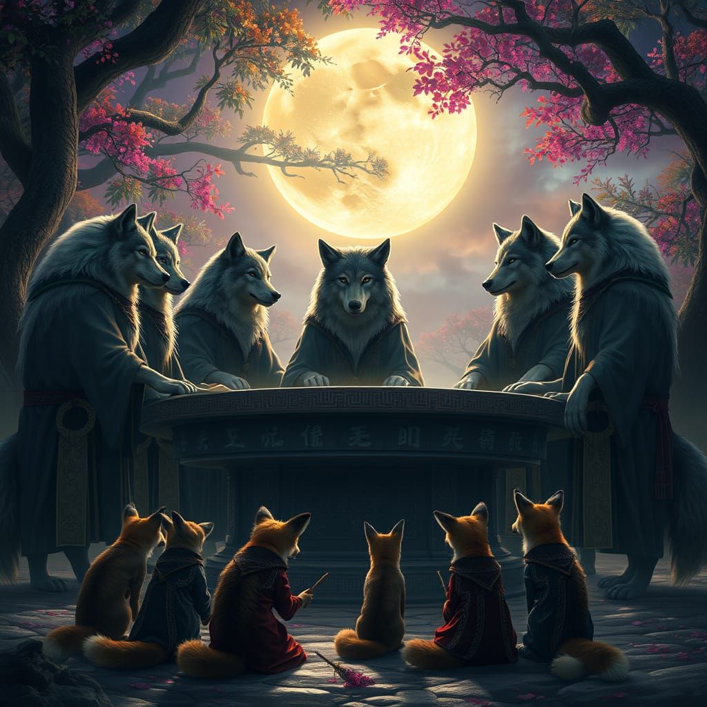 Wolf Council in Moonlit Clearing