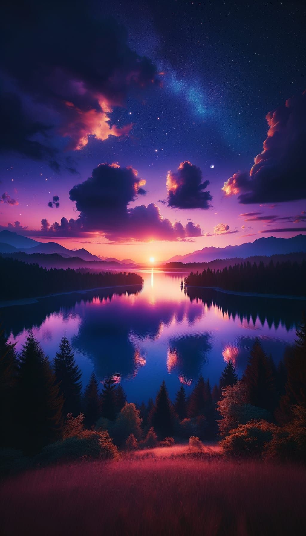 Peaceful Twilight Lake Scene with Majestic Mountains