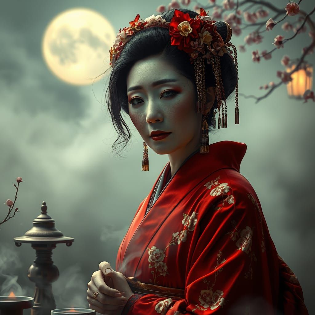 Surreal Geisha Amidst Ethereal Tea Ceremony in Hyperrealisti...